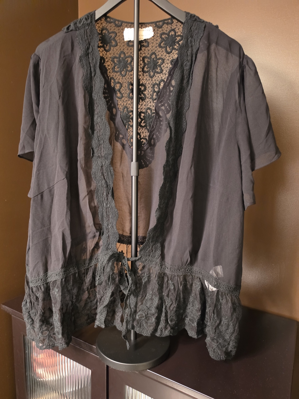 A'Reve Black Sheer Lace-Trim Top - Plus Size